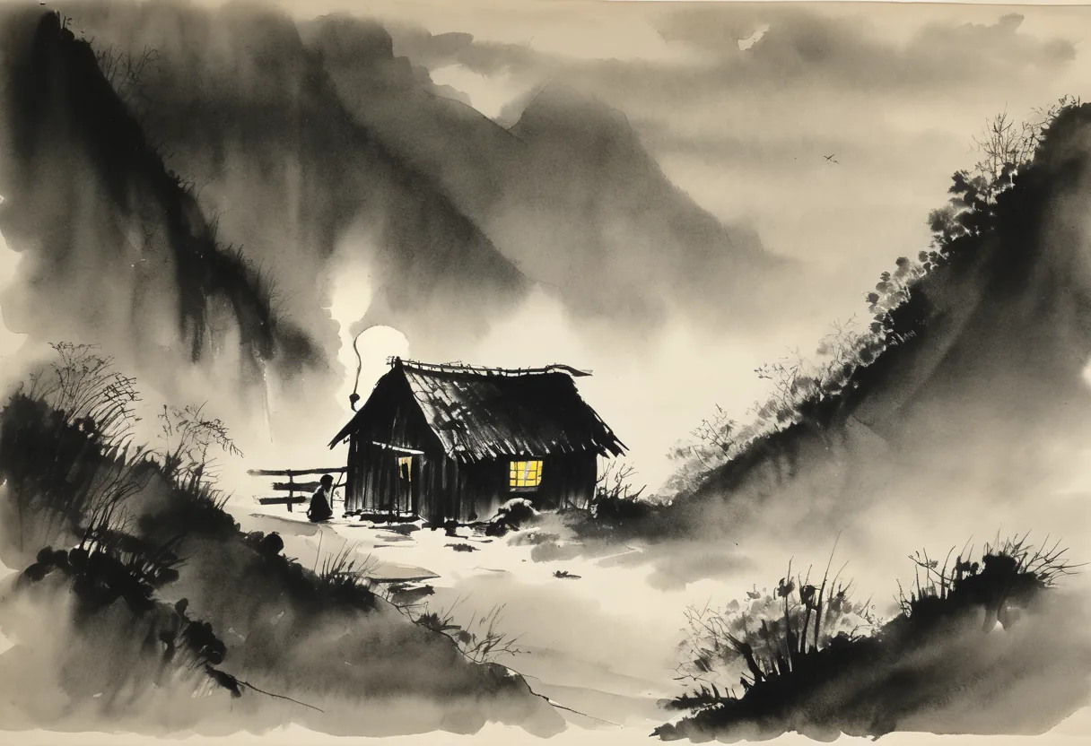 Rain on a mountain hut at night; a lone lamp, incense, a hermit sitting alone listening to the rain.